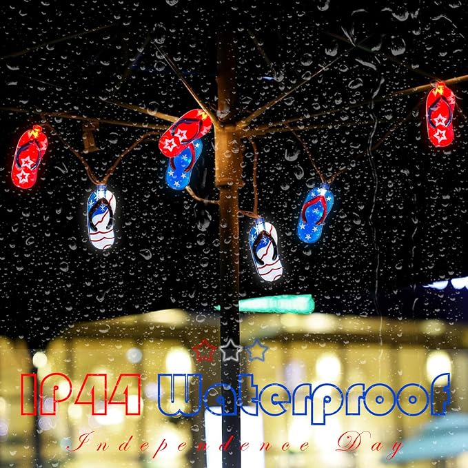 SUNSGNE 4th of July Decorations Lights 8.5FT Red White Blue String Lights, Indoor Beach Slipper Summer String Lights with 10 Slipper Lights for Patriotic Independence Day Outdoor Beach Party Decor