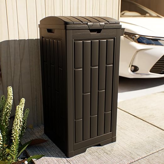 30 Gallon Black Outdoor Trash Can with Hinged Lid, Weather-Resistant Resin Waste Container for Patio, Backyard, Pool Area, Home & Commercial Use