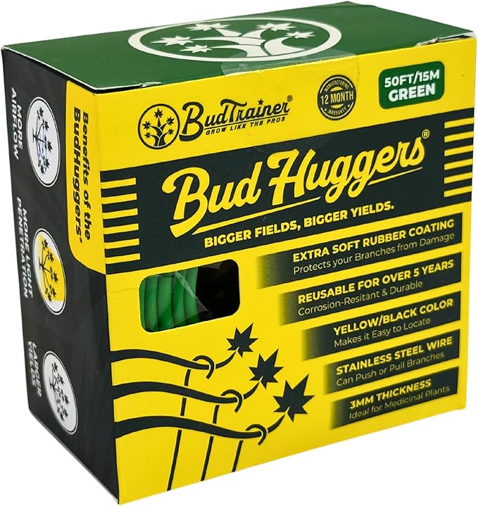 BudHuggers for Optimal Plant Training | 50ft (15M) | 3mm Thick Garden Wire Ties | Flexible & Durable | Rubber Plant Ties to Yield Bigger Buds, Stronger Branches & Larger Canopies | Reusable