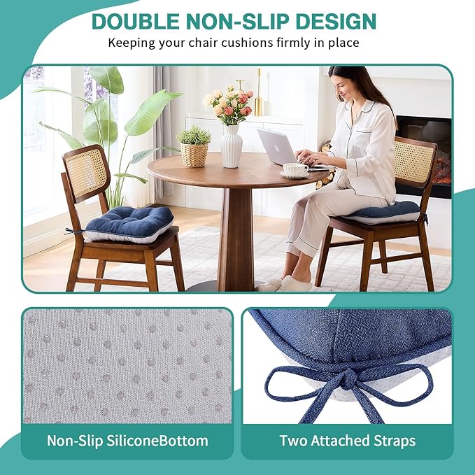 BETU Chair Cushions for Dining Chairs Set of 6,3.5" Thick Kitchen Table Chair Pads with Ties,Non Slip Backing and Covers, Seat Cushion for Dining Room,Bar,Patio Chairs,16"X16"X3.5",Navy Blue
