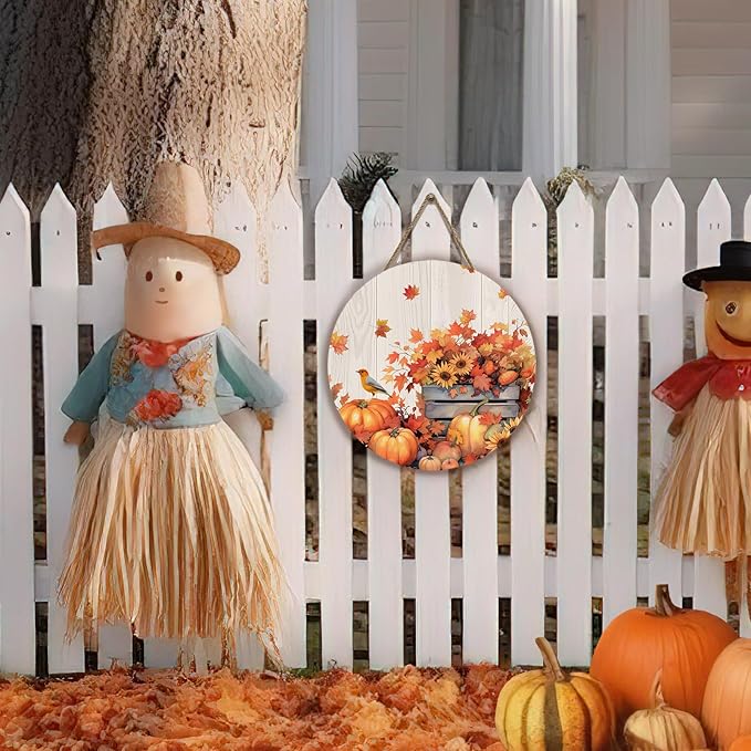 Fall Door Sign Wooden Autumn Pumpkins Door Hanger Maple Leaf Sunflowers Bird Sign for Outdoor Porch Wall Fall Harvest Hanging Decorations