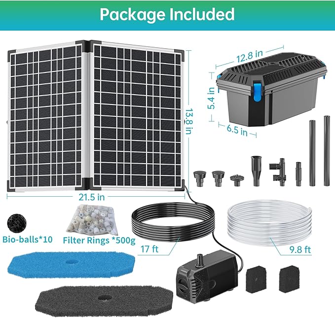 Antfraer 40W Solar Pond Filter with Water Pump, Pond Filter Box with Pond Filter Box, Pond Pump with 6.6ft Clear Tubing for Outdoor Pond Waterfall Garden Fountain Water Feature