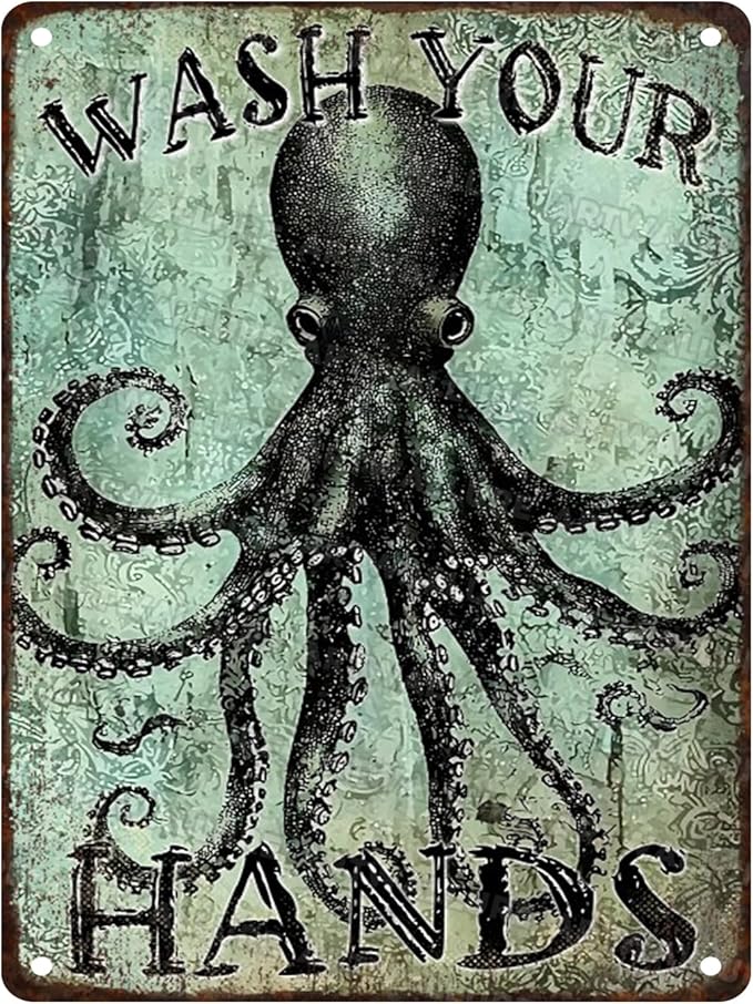 Funny Octopus Metal Tin Sign Wash Your Hands Vintage Tin Signs Bathroom Signs Restroom Decor Guest Wall Decor 12x16inch