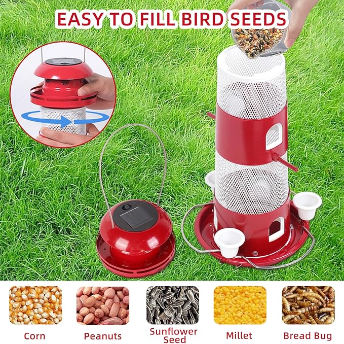 Bird Feeders for Outside, Solar Wild Bird Feeder for Outdoors Hanging, 2.3lbs Metal Birds Seed Feeders with 5 Feed Ports Large Capacity Container Drinking Cups for Wild, Finch