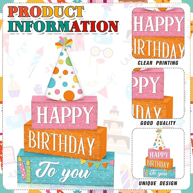 4 Pcs Birthday Table Decor Happy Birthday Wooden Sign Blocks Farmhouse Colorful Tiered Tray Decor Rustic Tabletop Centerpieces for Home Office Desk Shelf Mantel Party Decoration Supplies