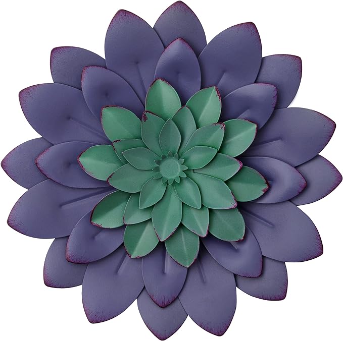 Everydecor Succulent Metal Flowers Wall Decor – Purple, Hand Painted, 3D Flower Art Decoration for Living Room, Bedroom, Kitchen, Bathroom - Floral Decor for Indoor & Outdoor Use