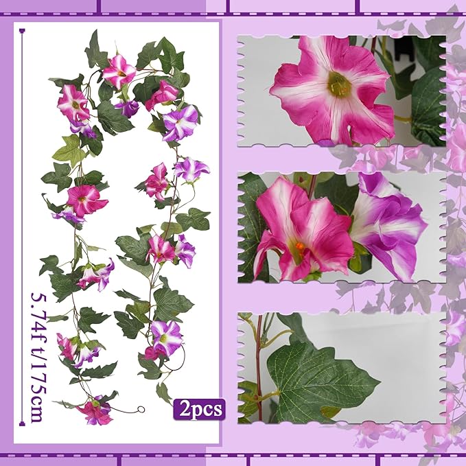 CISDUEO 2 Pcs Artificial Vines for Outdoors Silk Morning Glory Garland 11.5 Ft Hanging Flowers Plants Fake Petunias Vines for Indoor Home Decor Wall Fence Mantle Stairway Mailbox Rose Red and Fuchsia