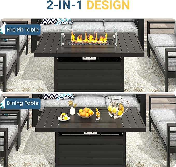 Wisteria Lane Aluminum Patio Furniture Set, 5 Seats Metal Outdoor Furniture Set with CSA Certified 54in Propane Gas Fire Pit Table, Patio Conversation Set with 5in Olefin Cover Cushions, Light Grey