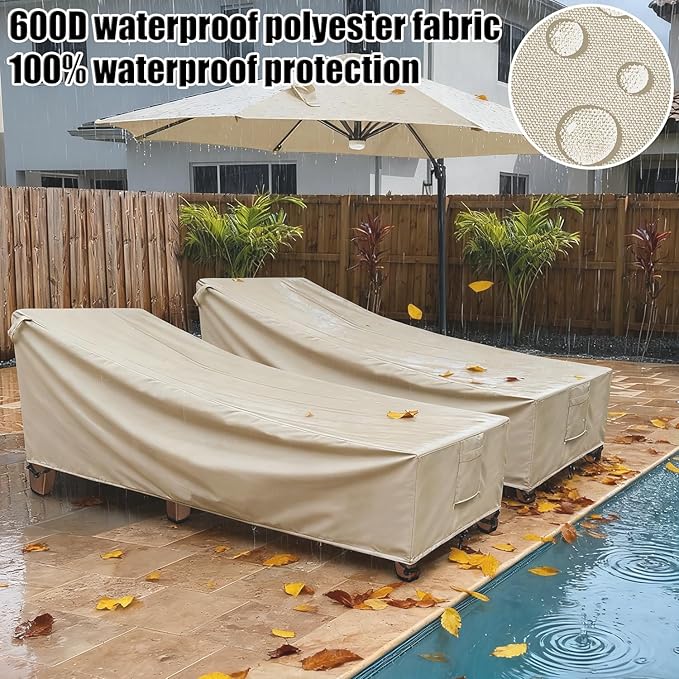 Chaise Lounge Cover Outdoor Waterproof - 2Pack, 600D Weather-Resistant Polyester UV-resistant And Tear-resistant Fabric, Patio Lounge Chair Covers 80"L x 30"W x 27" H, Beige