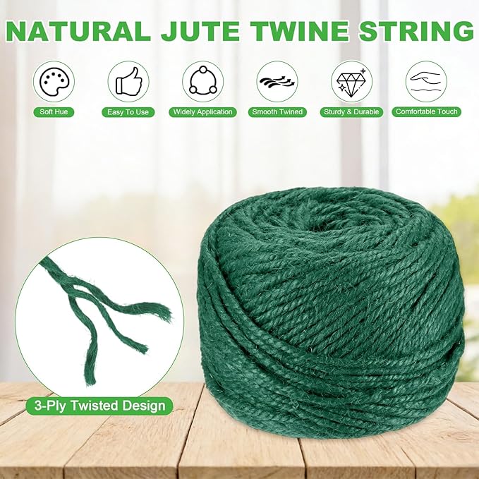 2-Pack Natural Jute Twine String, 3mm x 328ft/100m Long Garden Twine Balls for Crafts/Gift Wrapping/Gardening Plants, Durable Plant Ties Thick Rope [Dark Green]