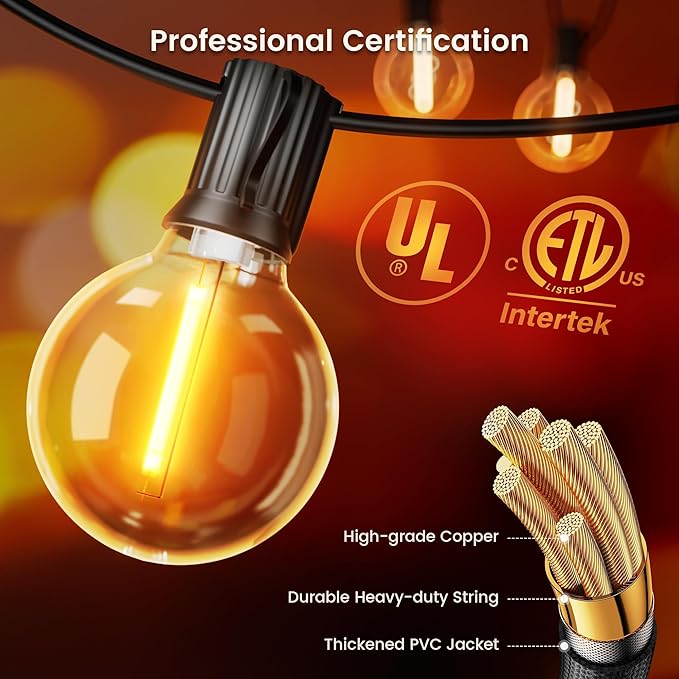 OHLUX Outdoor String Lights, 30FT G40 Globe LED Patio Lights with 17 Dimmable Plastic Bulbs(2 Spare), 2200K Waterproof Connectable Hanging Lights for Backyard Porch Cafe Party Decor, E12 Socket Base