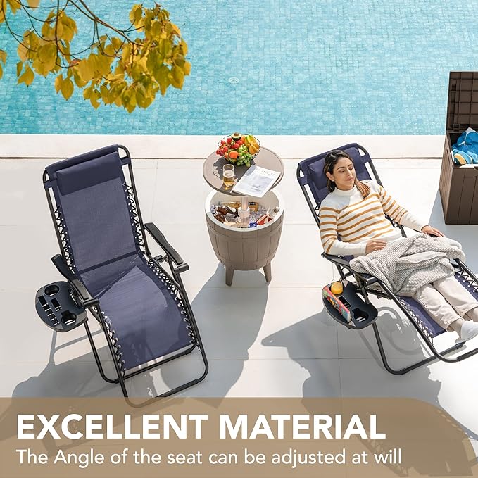 Devoko Patio Zero Gravity Chair Outdoor Folding Adjustable Reclining Chairs Pool Side Using Lawn Lounge Chair with Pillow Set of 2 (Dark Blue)