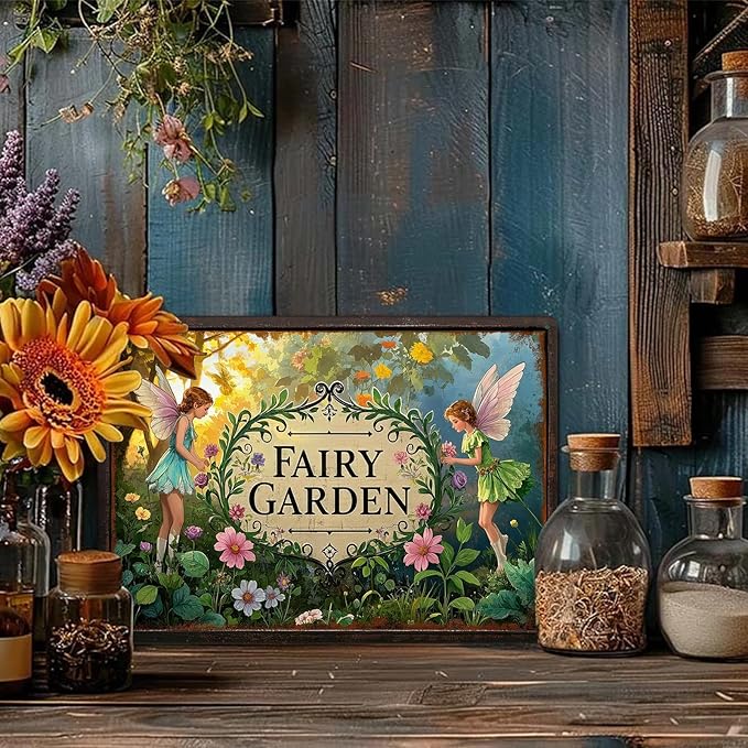 Gardening Gifts Vintage Garden Mental Tin Signs " FAIRY GARDEN" Retro Fairies Plants Picture for Home Garden Greenhouse Yard Decor (8x12 Inch)