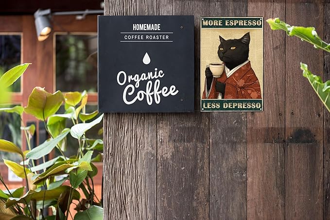 Retro Funny Black Cat Decor More Espresso Less Depressed Garden Fence Wall Decor Metal Tin Signs Garage Man Cave Gift Retro Bar Art Bathroom Decor 12x8 in