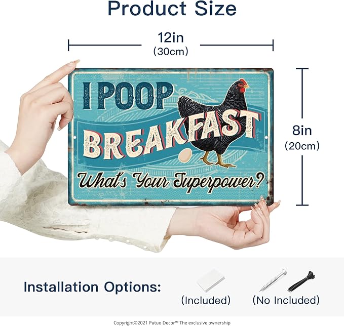 Putuo Decor Chicken Coop Sign, Funny Chicken Egg Metal Signs, I Poop Breakfast What's Your Superpower, Gift Ideas, 12 x 8 Inches Aluminum for Outdoors