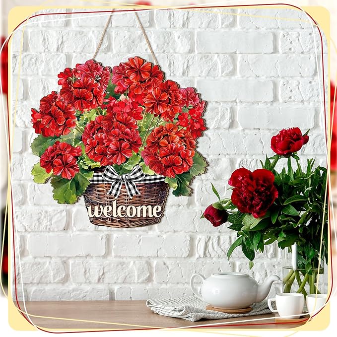 Yookeer Summer Red Geranium Door Sign Welcome Summer Geranium Flower Sign Wood Wall Decor Rustic Hanging Doors Signs Farmhouse Wooden Hanging Plaque for Home Front Door Garden Porch Patio