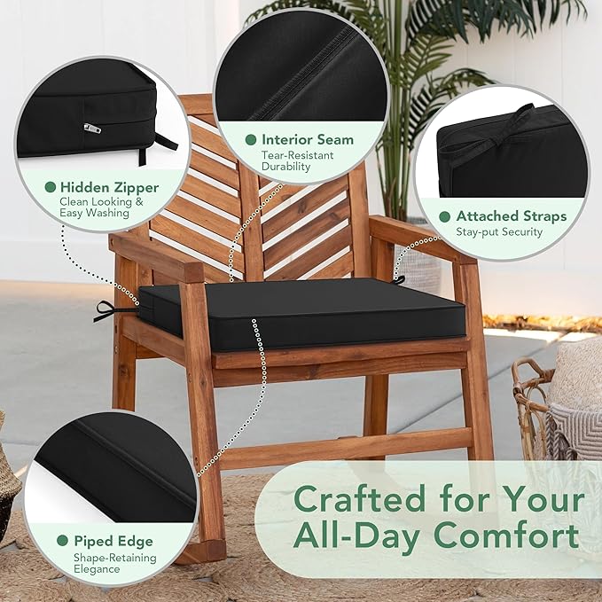 Outdoor Chair Cushions Set of 6: Waterproof & Fade Resistant Deep Seat Cushion for Patio Furniture - 24 x 24 x 3 Inch Chair Pads with Ties and Hidden Zipper - Patio Chair Cushion Replacement, Black