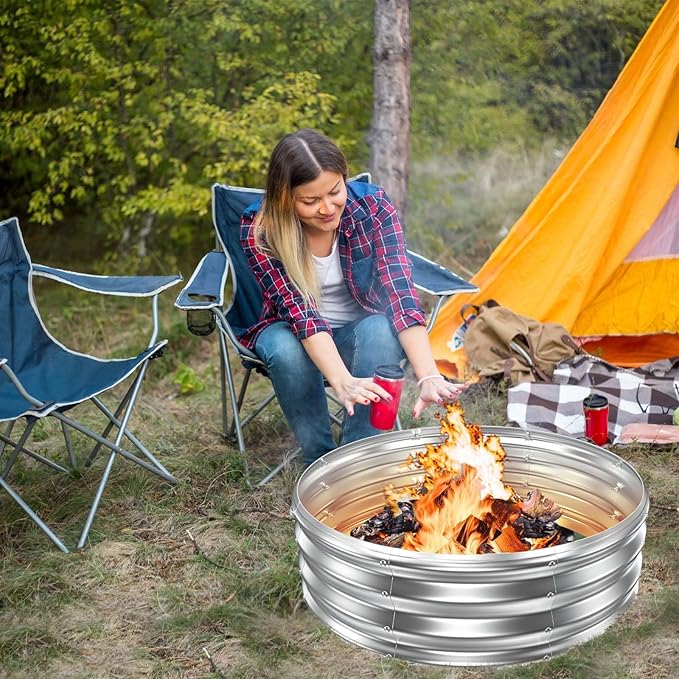 36 Inch Fire Pit Ring for Outside, Heavy Duty Wood Burning Firepit & Outdoor Fireplace,DIY In Ground or Above Ground,Portable Galvanized Steel Fire Pits Bowl for Backyard Bonfire,Patio,Camping,Round