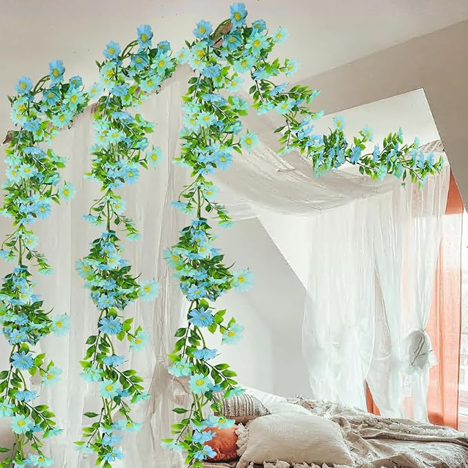 CISDUEO Artificial Daisy Flowers Vine Silk Wildflower Garland Spring Fake Flower Vine Hanging Ivy Blue Daisy Flowers Green Leaves for Wall Party Wedding Arch Floral Decor Home Indoor Outdoor Ceremony