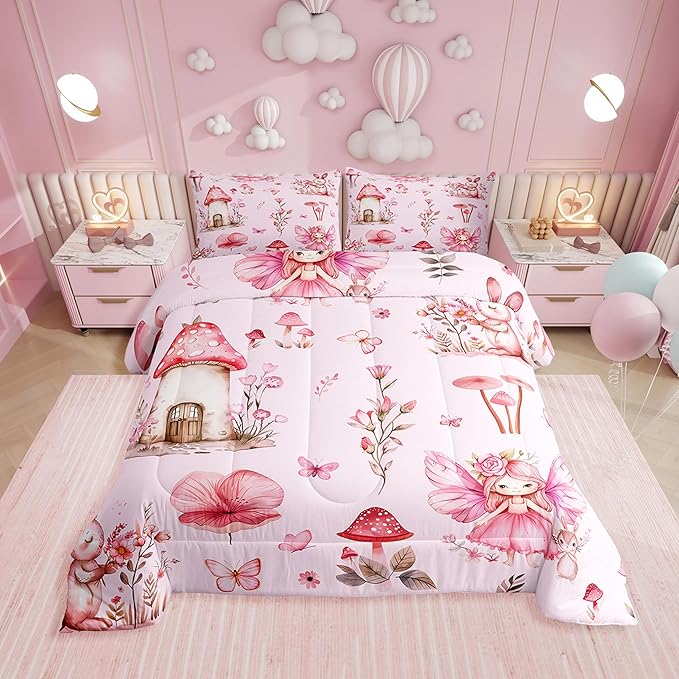 Erosebridal Pink Fairy Garden Full Bedding Sets - Mushroom Floral Comforter Set for Girls Kids, Pink Butterfly Flower Bunny Bed Set | Whimsical Fairies Room Decor with 2 Pillowcases
