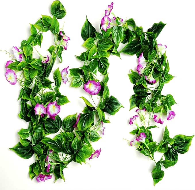 AirSun Artificial Morning Glory Flower Vines, 2pcs 15Feet Hanging Plants Silk Garland Fake Green Plant Home Garden Wall Fence Indoor Outdoor Wedding Birthday Decor