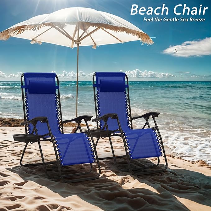 Zero Gravity Chairs, Portable Folding Reclining Lounge Chairs with Adjustable Pillow and Cup Holder Trays for Outdoor, Patio, Beach, Camping, Garden, Poolside, Set of 2 Royal Blue