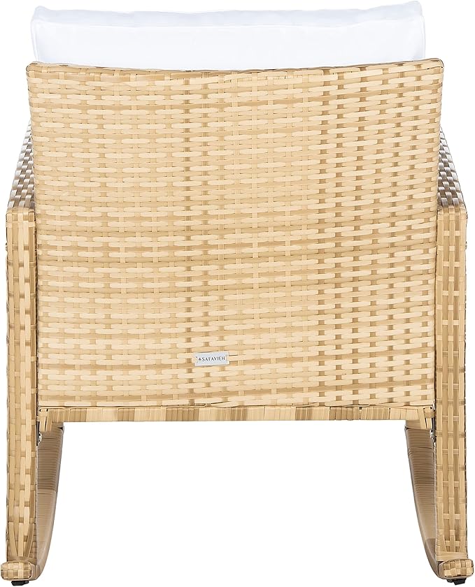 SAFAVIEH Outdoor Collection Daire Woven Natural/White Cushion Rocking Chair for Patio Porch Backyard Sunroom