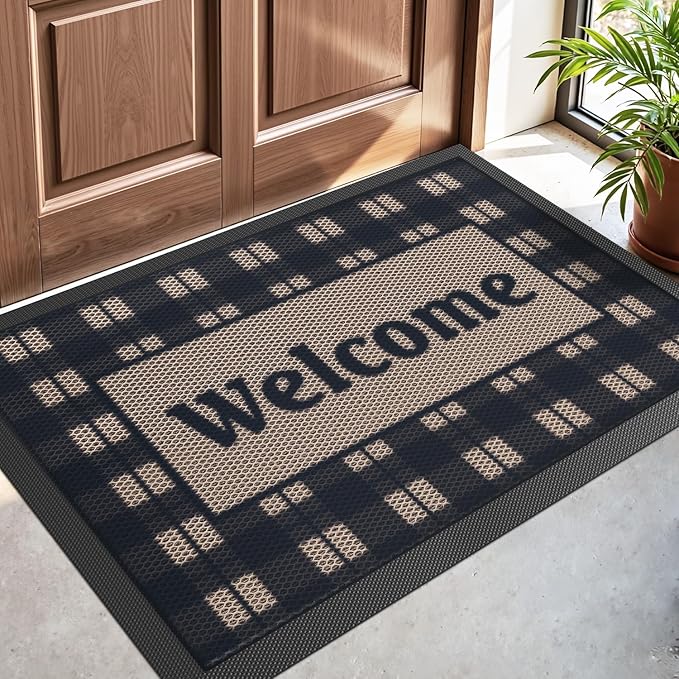 DEXI Front Door Mat Outside Entrance, 17x30 Welcome Entryway Doormat Dirt Trapper, Heavy Duty Non Slip Entry Mats for Patio Garage Porch Home Decorative, Checkered Beige