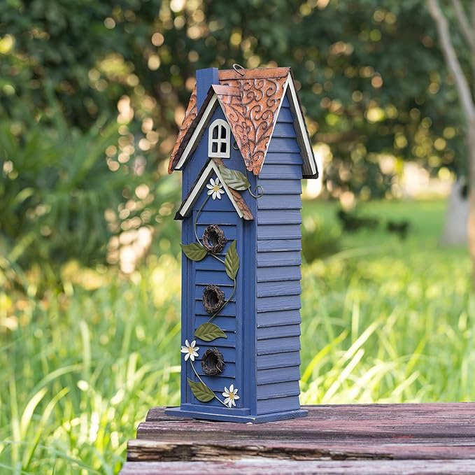 Glitzhome Bird Houses for Outside,Hand Painted Hanging Bird House for Outdoors, 24.25" H Oversized 3-Tiered Villa Decorative Wooden Bird Houses Large Birdhouse for Garden, Washed Blue
