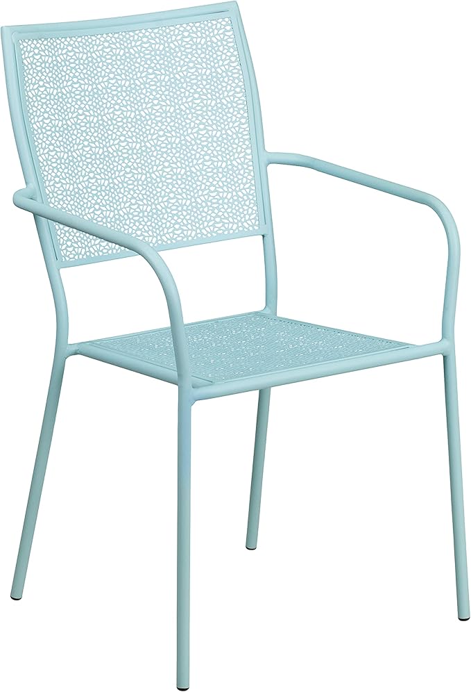Flash Furniture Commercial Grade 35.25" Round Sky Blue Indoor-Outdoor Steel Patio Table Set with 2 Square Back Chairs