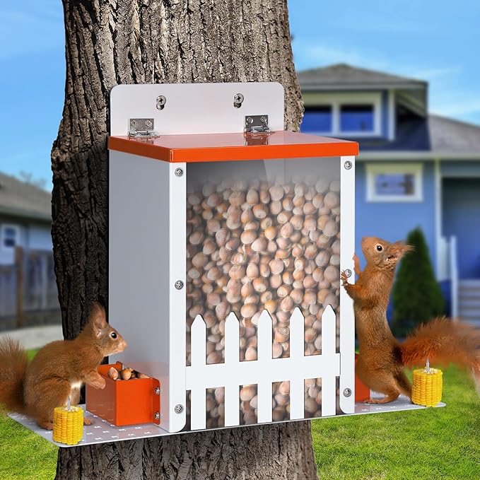 Metal Squirrel Feeders for Outdoors Squirrel Picnic Table Bench Feeders for Hanging Outside Tree Funny House Box Corn Peanuts Nuts Bar for Mini Chipmunk (Orange)