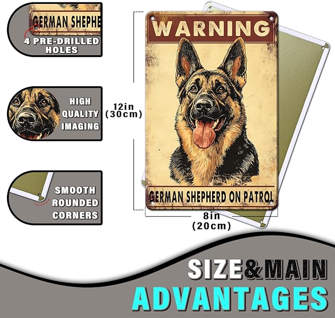 PEACHGARDEN Warning Vintage Metal Sign German Shepherd Signs Warning Beware Dog Tag Funny Plaque for Home Outdoors, Patio, Yard, Porch 8x12inch