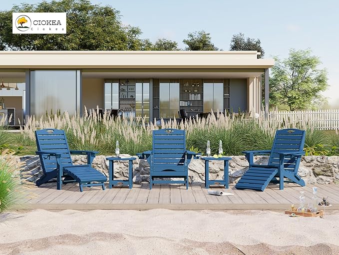 Ciokea Folding Adirondack Chair Set of 4 with Retractable Ottoman Fire Pit Patio Chair with Pull Out Foot Rest Weather Resistant Lawn Outdoor Chair with 2 Cup Holder (Navy Blue)