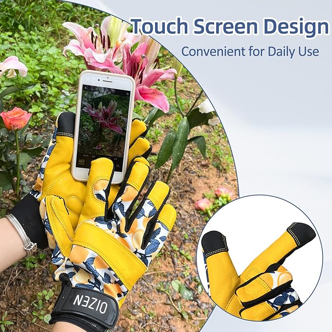 Cowhide Leather Thorn Proof & Puncture Resistant Gardening Gloves for Women and Men, Touchscreen Compatible Working Gloves for Weeding, Digging, Planting, Gardening Gifts for Women (Large)