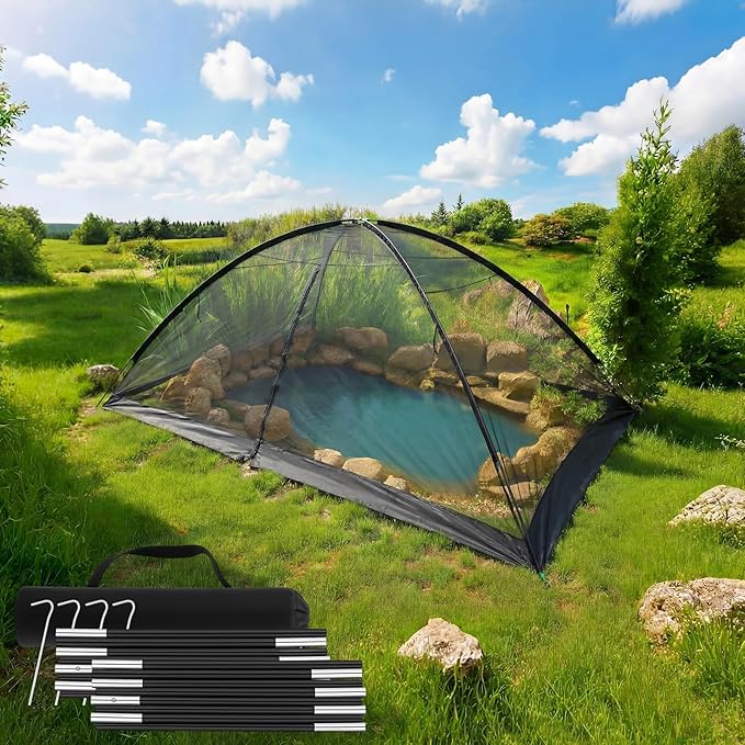 Pond Cover Dome Net 11x16 ft Netting Pond Covering Tent with Zipper Storage Straps, Fiberglass Poles, Ground Nails, Tie Ropes for Outdoor Garden Fish Pool Protection from Leaves Animals