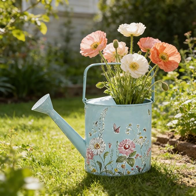 Vintage Floral Metal Watering Can for Indoor/Outdoor Plants, Blue Functional Garden Waterer with Long Spout, Garden Water Pot Rustic Decor for Home Garden Patio