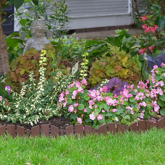 EasyFlex No-Dig Landscape Edging with Anchoring Spikes, 4.5 in. Tall Decorative Adirondack Wood-Look Fence Garden Border, 60 Foot Kit, Brown