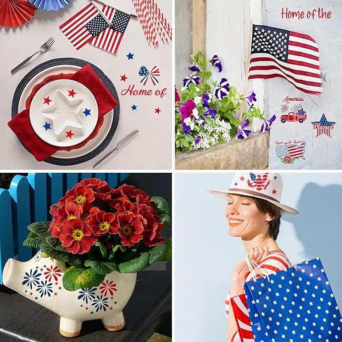 Patriotic Stencils for Painting, 28PCS Independence Day Templates Multi-Size Set (8x8, 6x6, 3x3) Clear PET Plastic with American Flag Patterns for Home Decor, Party Decorations and DIY Crafts