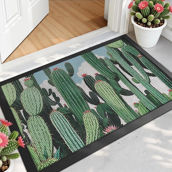 LUMI Outside Door Mat 17x30, Non Slip Rubber Backing Doormat, Low Profile Easy Clean Entrance Mats for Front Back Door Entryway Porch Garage, Cactus