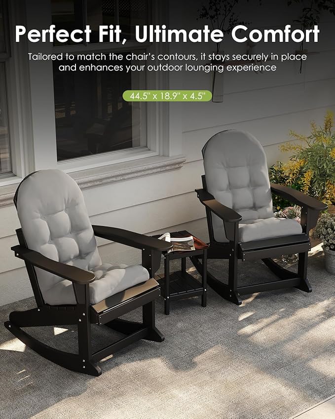 GREENVINES Adirondack-Chair-Cushions-Set-of-4 | Polyester | Waterproof | Outdoor High Back Rocking Chairs Cushion | Seat with Ties | Non-Slip | Thickened Pad for Patio | 44.5" x 17.3" x 4.1" | Gray