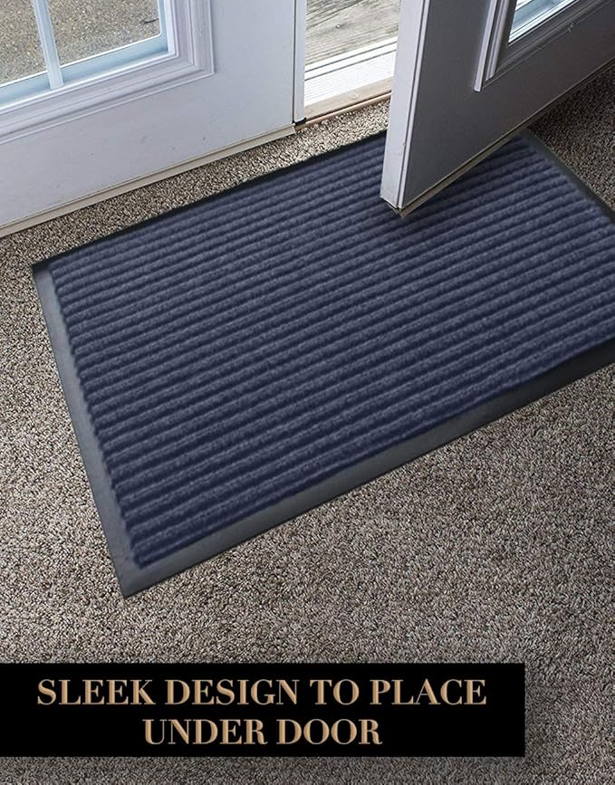 LuxUrux 2-Pack Durable Rubber Door Mats - Waterproof, Low-Profile, Indoor/Outdoor Entry Rugs for Entry, Patio, Garage - Striped Blue Design (23'' x 35'')