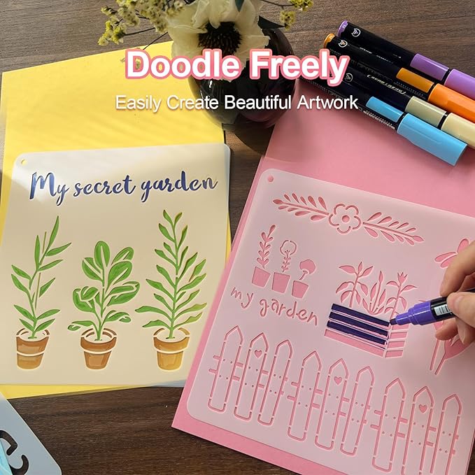 16 PCS Garden Theme Stencils for Painting, Stencils for Crafts Reusable 8 x 8 Inch Quote Floral Templates for Wood Signs Sheds Planters and Patio Decor