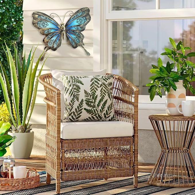 LIFFY Metal Butterfly Outdoor Decor 12"" Hanging Glass Butterflies Wall Decor Garden Art Decorative Ornaments Outside Indoor Home Decor for Living Room Bedroom Patio Fence, Blue