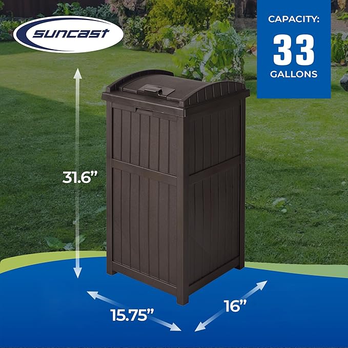 Suncast 3 Pack 33 Gallon Durable Plastic Hideaway Outdoor Garbage Can with Secure Lid & Wicker Design for Home Backyards, Decks, or Patios, Java Brown