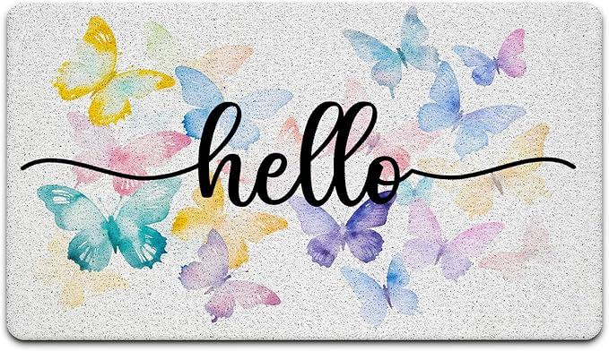 JINYO Butterfly Door Mat, Hello Door Mat Indoor Outdoor Entrance Entryway Porch, Butterfly Room Decor for Girls, Bath Mats for Bathroom, Beachy Welcome Mats, 17x30 Inch