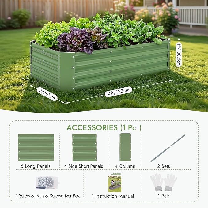INNO STAGE Galvanized Raised Garden Bed Kit, 4x2x1FT Metal Raised Garden Beds for Vegetables, Rust-Resistant & Easy Assembly, Outdoor Raised Beds for Gardening, Flowers, Herbs (Green)