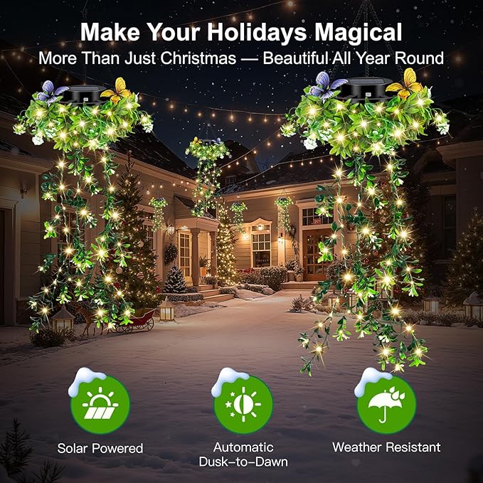 Solar Hanging Garden Lights, 2 Pack 66 LEDs Realistic Flower Vine Fairy String Lights, IP65 Waterproof Outdoor for Garden, Patio, Fence Decor, 8-12 Hrs Auto Lighting