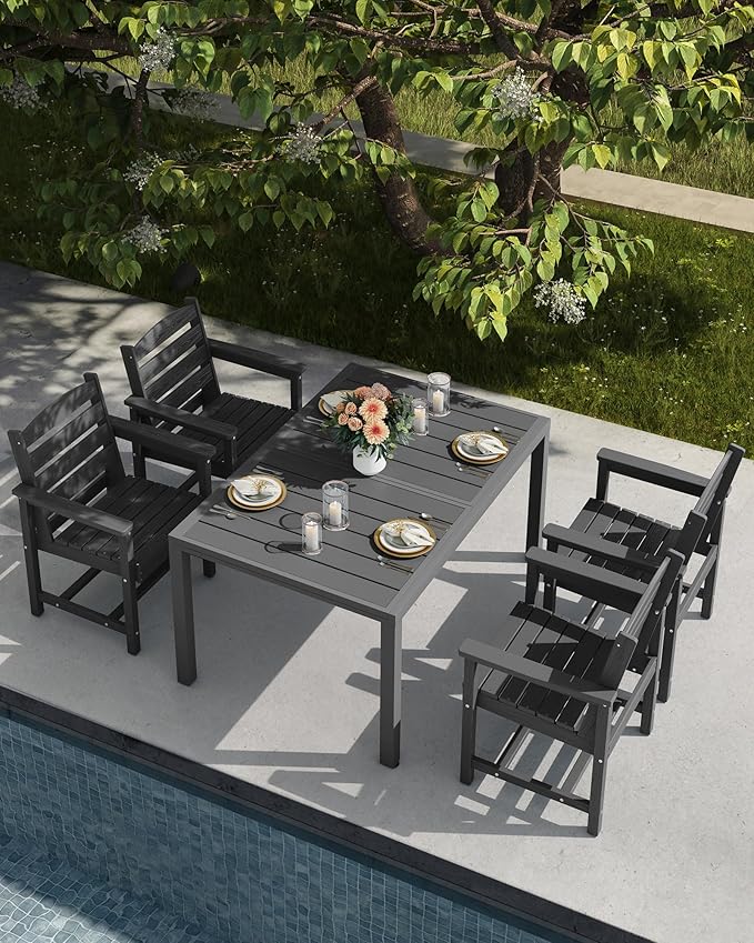 SERWALL 5-Piece Outdoor Table and Chairs, 60" - 83" Expandable Outdoor Dining Table with Aluminum Frame & HDPE Tabletop, All Weather HDPE Patio Furniture Set for Backyard, Garden, Grey