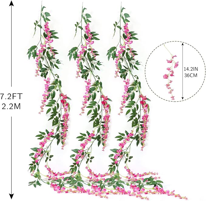 JUSTOYOU 3PCS 7FT 12 Stem Artificial Wisteria Vine Garland Fake Flower Wisteria Garlands for Outdoor Indoor Wedding Wall Badroom Decoration(Fuchsia)