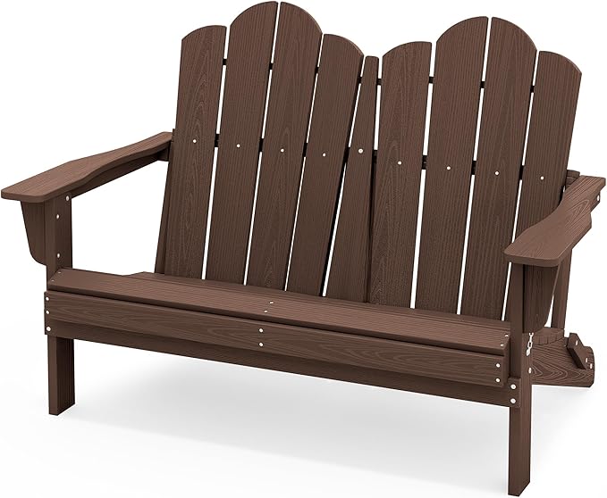 SERWALL Folding Adirondack Bench, HDPE All-Weather Adirondack Loveseat, 660 lbs Capacity, Foldable Outdoor Patio Bench for Deck, Lawn, Garden, Coffee